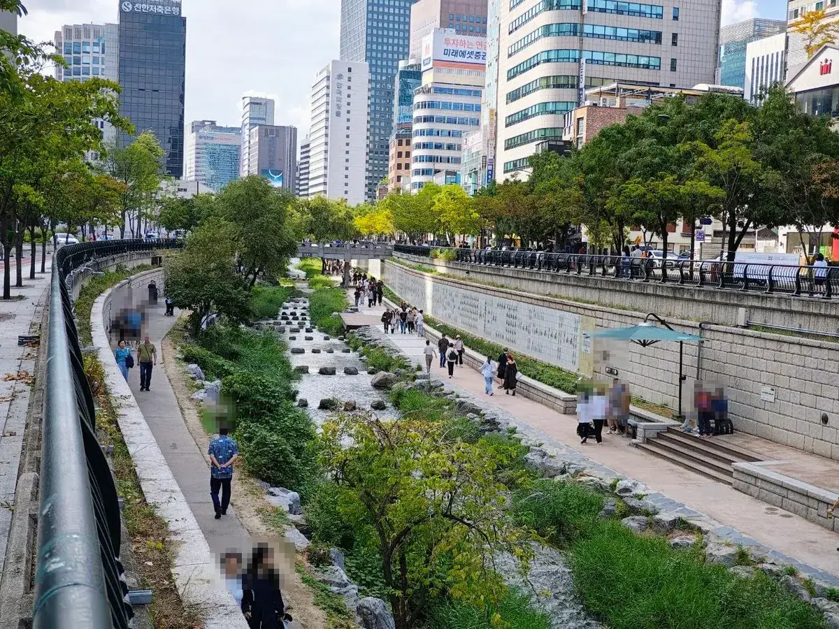 A wide view looking down Cheonggyecheon from street level: the stream with stepping stones running between two paved walkways lined with trees and stone walls, a small bridge in the distance and office towers on both sides (faces blurred)