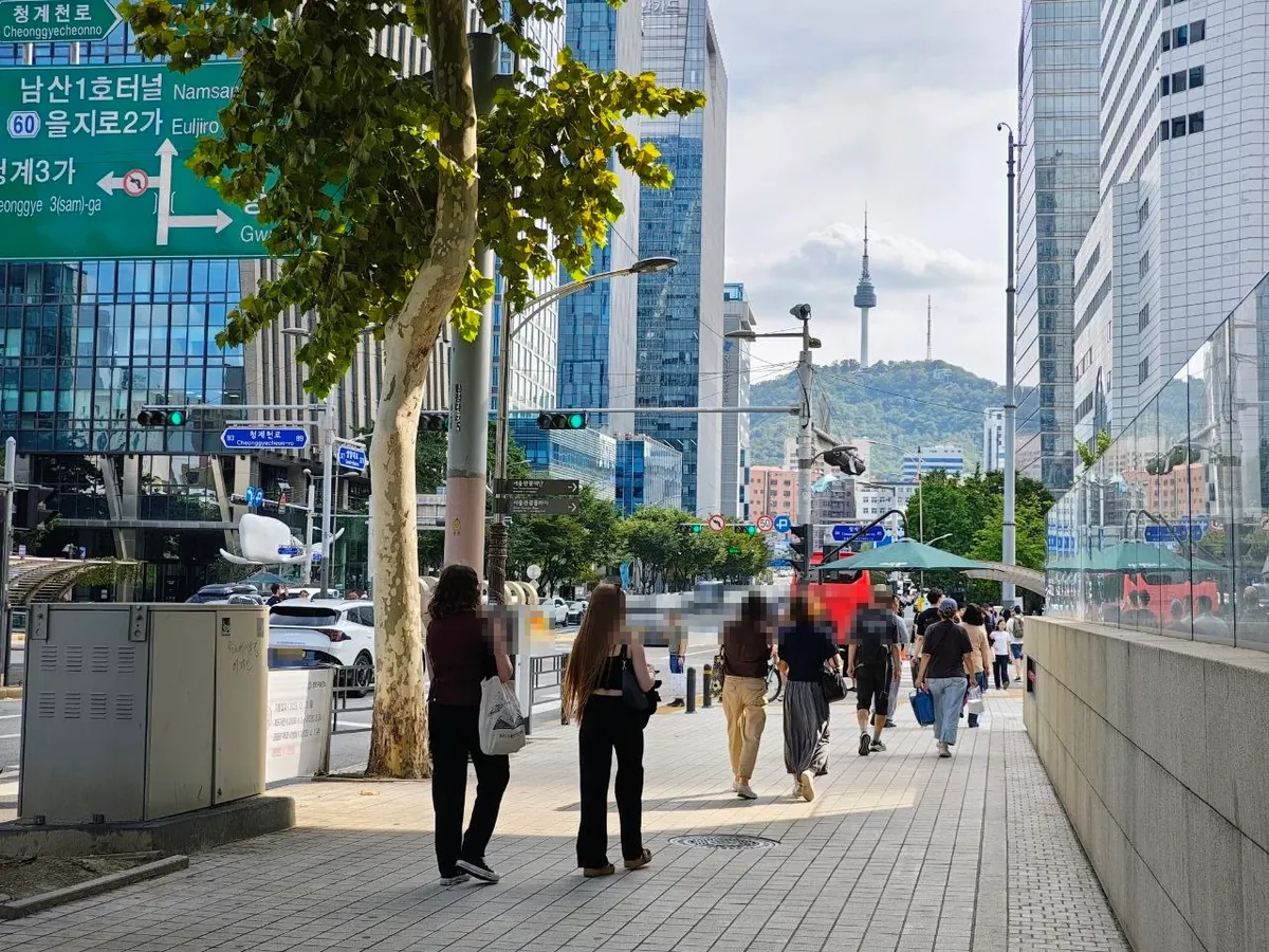 A sidewalk near Cheonggyecheon with a green road sign pointing straight ahead to 남산1호터널 Namsan 1 Tunnel and 을지로2가 Euljiro 2-ga and left to 청계3가, with N Seoul Tower visible far down the street (license plate blurred)