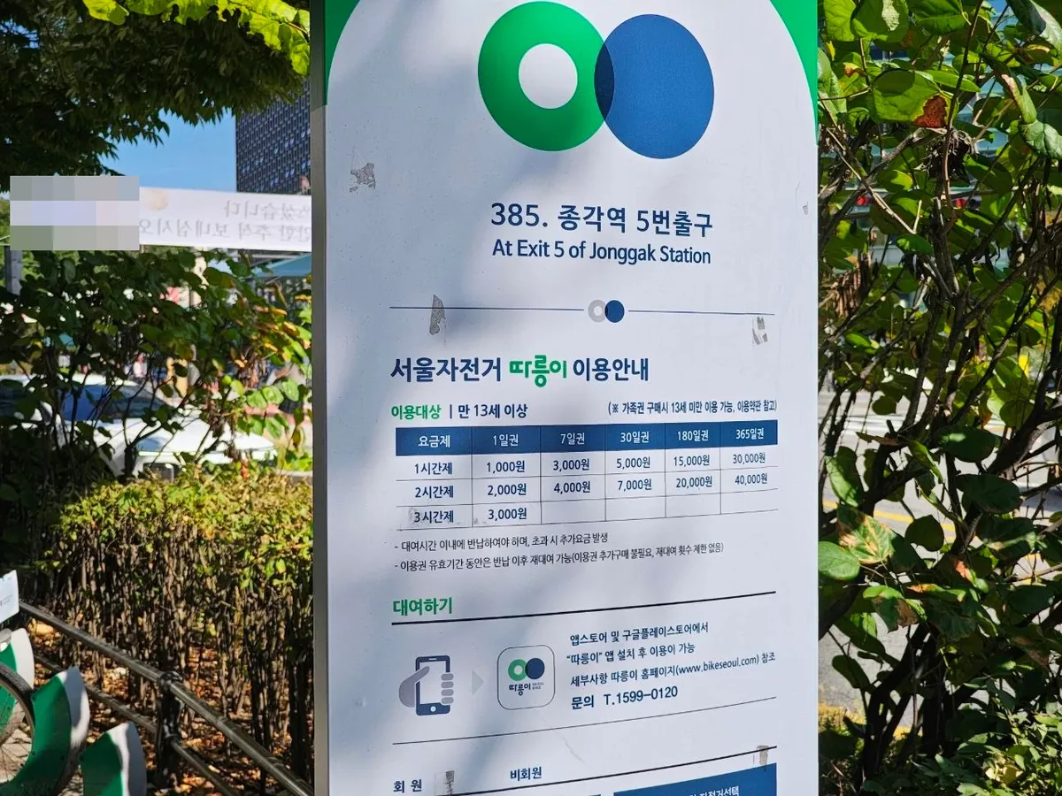 A Ttareungyi rental station sign reading 385. 종각역 5번출구 (At Exit 5 of Jonggak Station), with a fare table for 1-day, 7-day, 30-day, 180-day and 365-day passes and instructions to install the Ttareungyi app (a political banner in the background blurred)